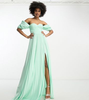 ASOS DESIGN Tall sweetheart neck off-shoulder pleated maxi dress in sage green-Multi