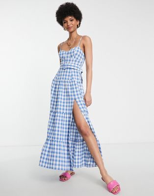 ASOS DESIGN Tall tiered belted maxi sundress in blue gingham-Multi