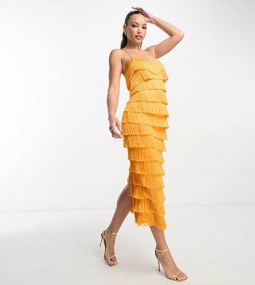 ASOS DESIGN Tall tiered midi fringed dress with cross back detail in orange
