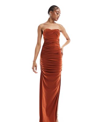 ASOS DESIGN Tall twist bandeau maxi dress with exaggerated draped skirt in rust-Orange