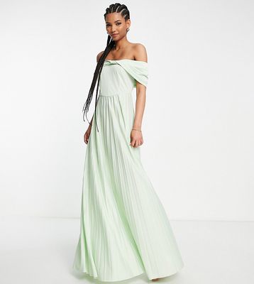 ASOS DESIGN Tall twist front off-the-shoulder pleated maxi dress in sage - LGREEN