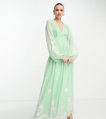 ASOS DESIGN Tall v neck open back embroidered maxi dress with trim detail in green