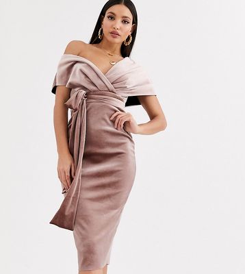 ASOS DESIGN Tall velvet fallen shoulder midi pencil dress with tie detail-Neutral