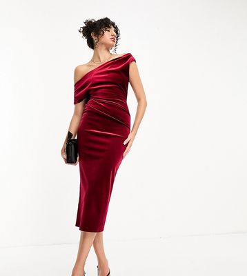 ASOS DESIGN Tall velvet fallen shoulder pleat back midi dress in burgundy-Red