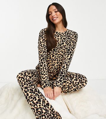 ASOS DESIGN Tall viscose leopard long sleeve top & wide leg pants pajama set in brown