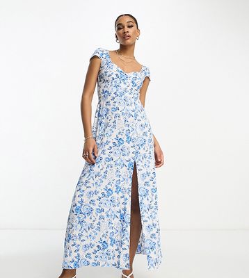ASOS DESIGN Tall viscose sweetheart neck slit front midi dress in blue floral-Multi