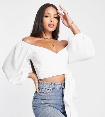 ASOS DESIGN Tall volume sleeve off shoulder wrap tie blouse in white