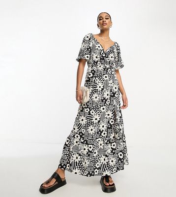 ASOS DESIGN Tall wrap bodice button up skirt with pep hem midi dress in monochrome floral-Multi