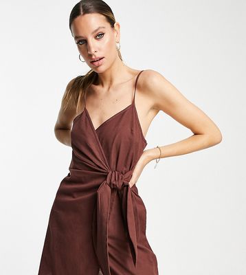 ASOS DESIGN Tall wrap cami tie side linen mini sundress in chocolate brown