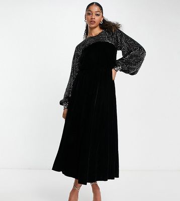 ASOS DESIGN Tall yoke embellished detail midi dress in black velvet