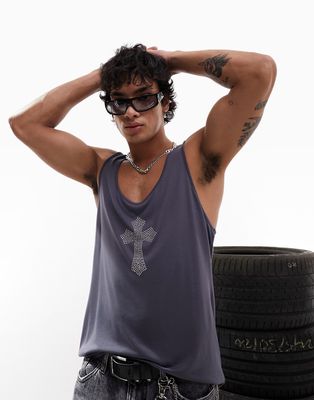 ASOS DESIGN tank top in charcoal with studded chest print-Gray