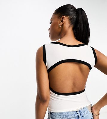 ASOS DESIGN tank top with curved back cut-out with contrast binding in ivory-White