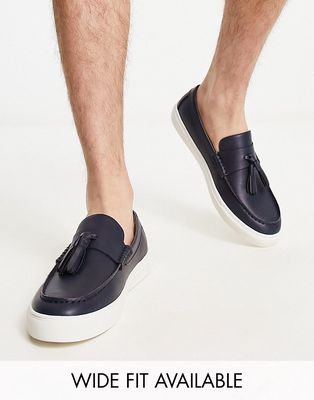 ASOS DESIGN Tassel loafers in navy faux leather with white sole