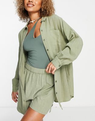 ASOS DESIGN textured button up beach shirt in khaki - part of a set-Green
