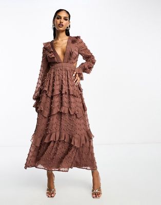 ASOS DESIGN textured plunge tiered maxi dress with tie back in mocha-Brown