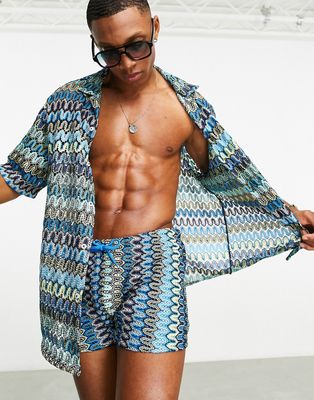 ASOS DESIGN textured swim trunks with crochet in blue - part of a set