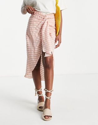 ASOS DESIGN textured twist front midi skirt in natural stripe-Multi
