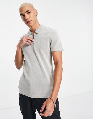 ASOS DESIGN textured waffle polo with zip detail in beige-Neutral