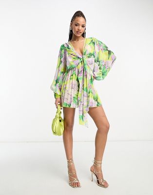 ASOS DESIGN tie front batwing pleated romper in yellow floral