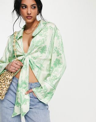 ASOS DESIGN tie front shirt with kimono sleeve in green wallpaper floral print-Multi