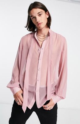 ASOS DESIGN Tie Neck Sheer Button-Up Shirt in Light Pink