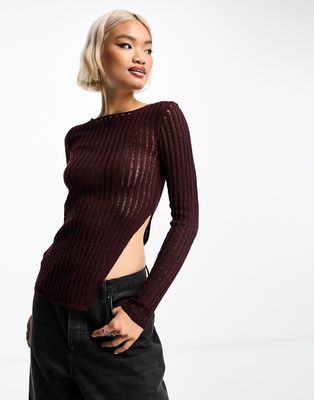 ASOS DESIGN top in sheer stitch with asymmetric hem in burgundy-Red
