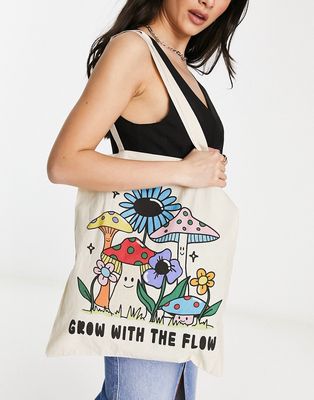 ASOS DESIGN tote bag with mushroom print in natural-Brown