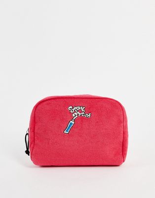 ASOS DESIGN toweling wash bag in red with embroidery