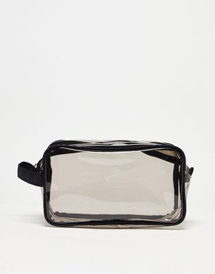 ASOS DESIGN transparent toiletries bag with handle in black-Clear