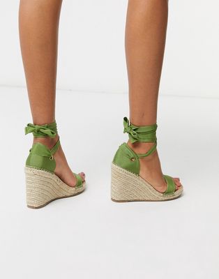 ASOS DESIGN Treat tie leg espadrille wedge sandals in khaki-Green