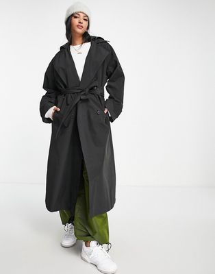 ASOS DESIGN trench coat with faux leather hood in black-Brown