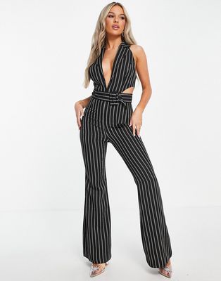 ASOS DESIGN tux halter cut-out belted jumpsuit with flare leg in black pinstripe-Neutral