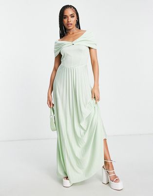 ASOS DESIGN twist front off the shoulder pleated maxi dress in sage - LGREEN