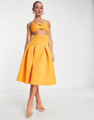 ASOS DESIGN two piece dropped waist pleat midi prom dress in marigold-Yellow