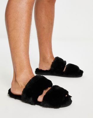 ASOS DESIGN two strap faux fur slippers in black