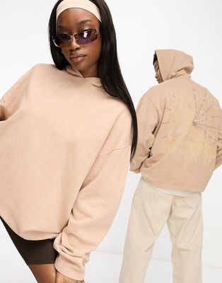 ASOS DESIGN unisex oversized hoodie with back print in brown wash - part of a set