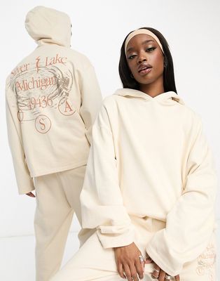 ASOS DESIGN Unisex oversized hoodie with front print in unbleached cotton - part of a set-White