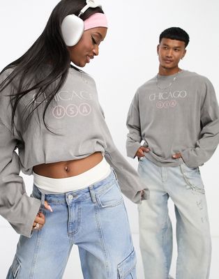 ASOS DESIGN unisex oversized long sleeve t-shirt with front print in charcoal wash-Gray