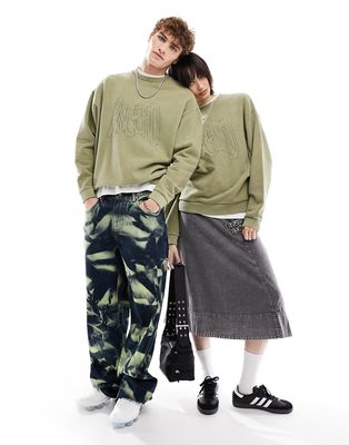 ASOS DESIGN unisex oversized sweatshirt in washed khaki with large scale embroidery-Green