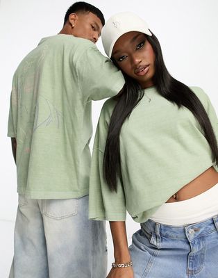 ASOS DESIGN unisex oversized t-shirt with back line drawing print in olive wash-Green