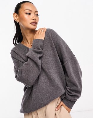 ASOS DESIGN v neck oversized sweater in lambswool blend-Gray