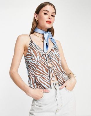ASOS DESIGN V-neck tie front cami in blue & brown zebra-Multi