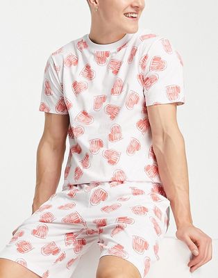 ASOS DESIGN Valentine T-shirt and shorts pajama set with heart print in white