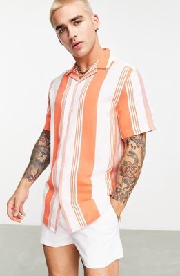 ASOS DESIGN Vertical Stripe Notch Collar Button-Up Shirt in Orange