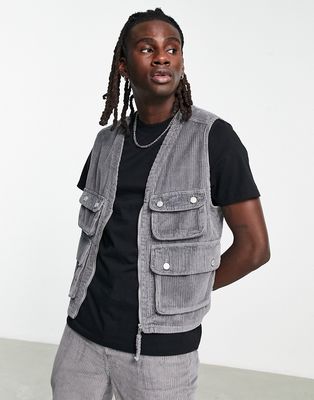 ASOS DESIGN vest in dark gray corduroy with cargo detail - part of a set