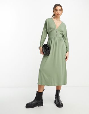 ASOS DESIGN waisted long sleeve midi tea dress with buttons in khaki-Green