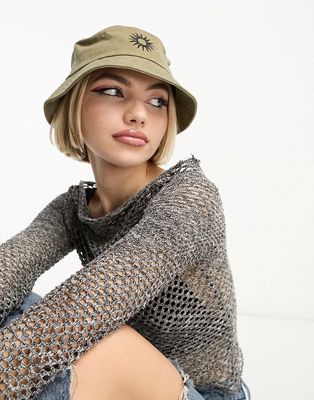 ASOS DESIGN washed canvas 90s sun motif bucket hat in khaki-Green