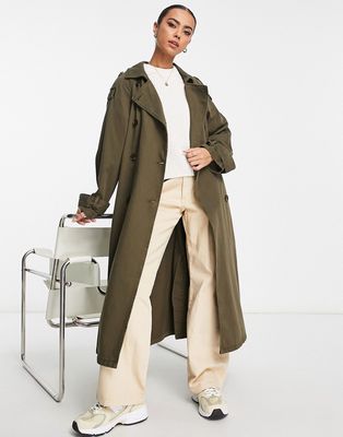 ASOS DESIGN washed cotton trench coat in khaki-Pink