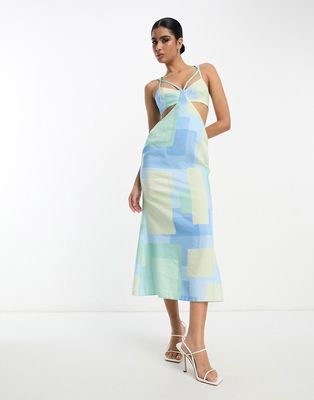 ASOS DESIGN washed multi strap cut out midi dress in aqua geometric print