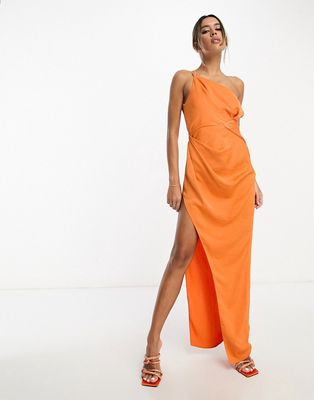 ASOS DESIGN washed satin one shoulder high split maxi dress with twist detail in orange